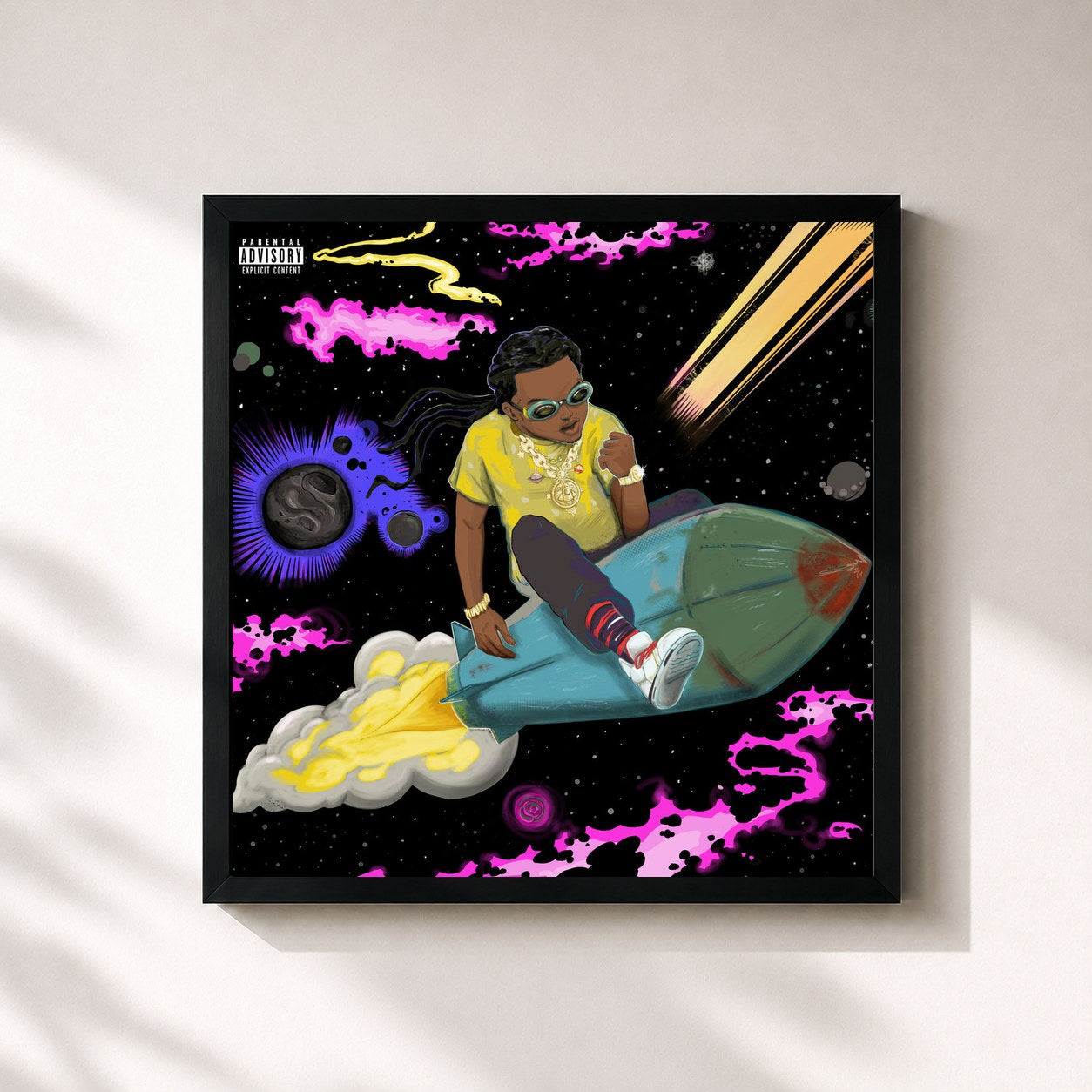 #noir Tableau carré de l'album The Last Rocket de Takeoff, cadre noir 32x32 cm