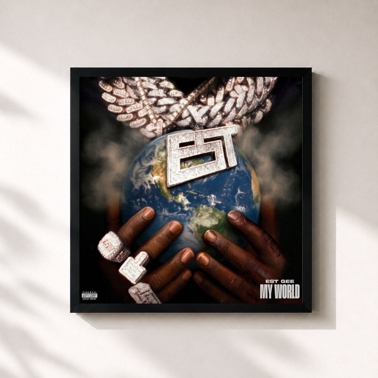 #noir Tableau carré de l'album My World de EST Gee, cadre noir 32x32 cm