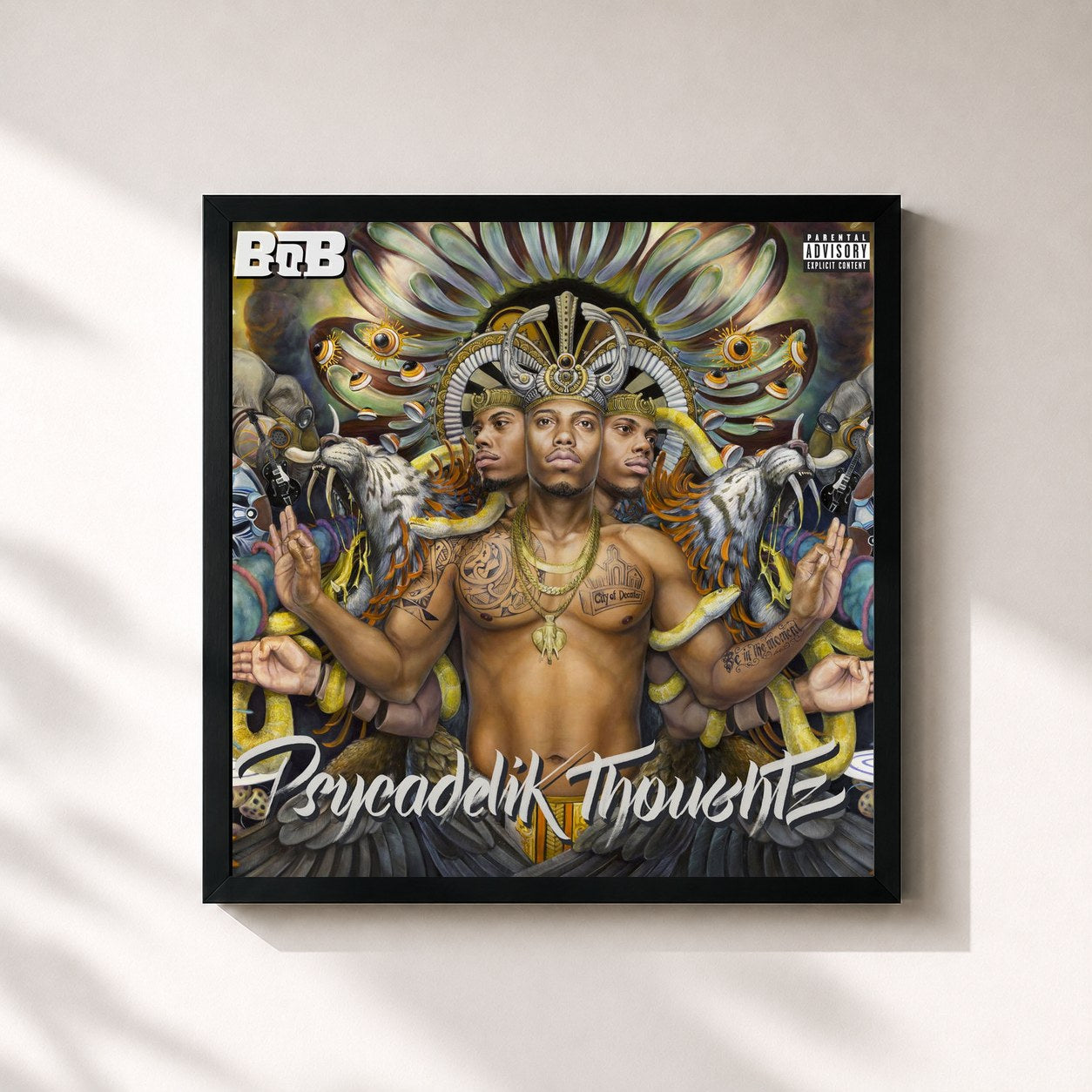 #noir Tableau carré de l'album Psycadelik Thoughtz de B.o.B, cadre noir 32x32 cm