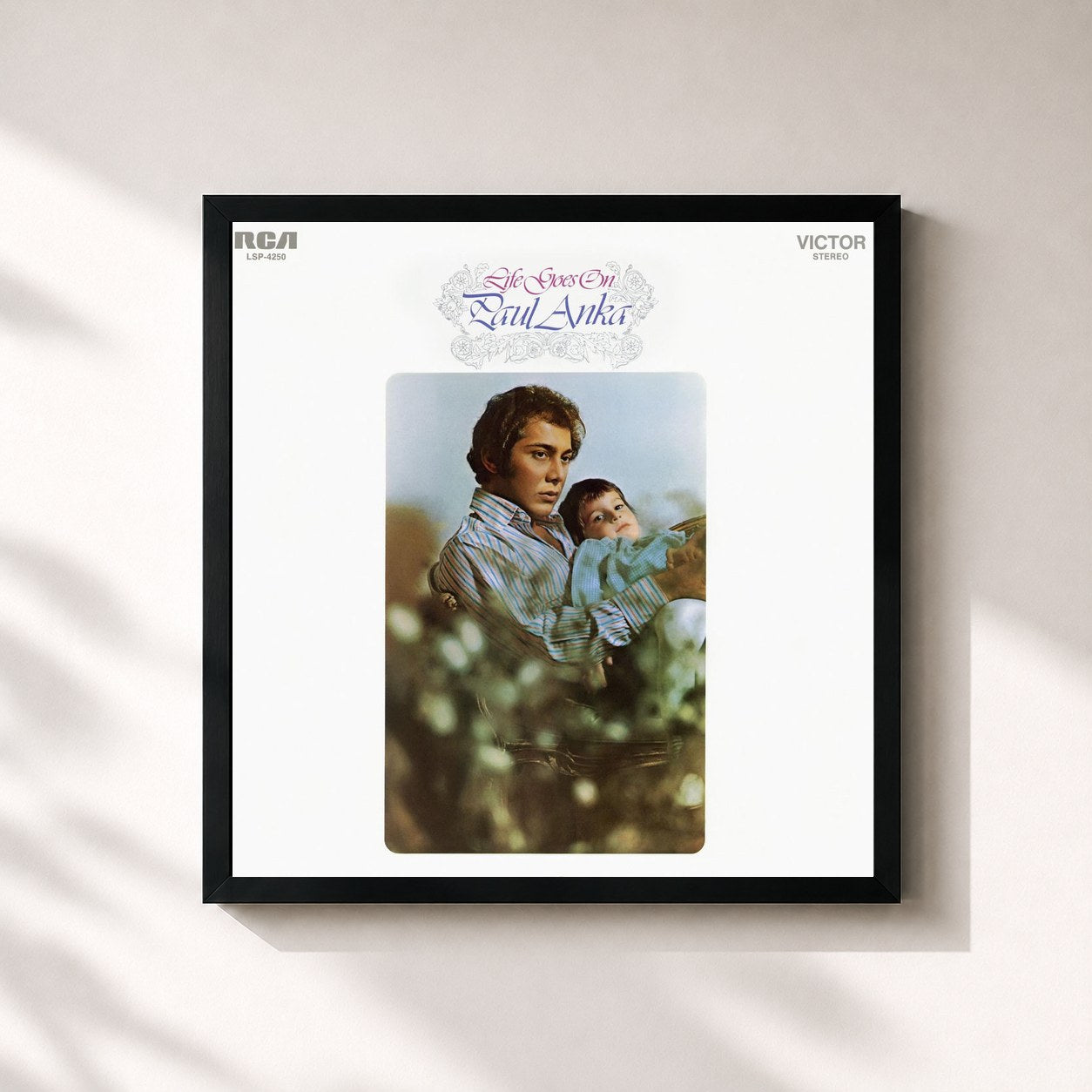 #noir Tableau carré de l'album Life Goes On de Paul Anka, cadre noir 32x32 cm
