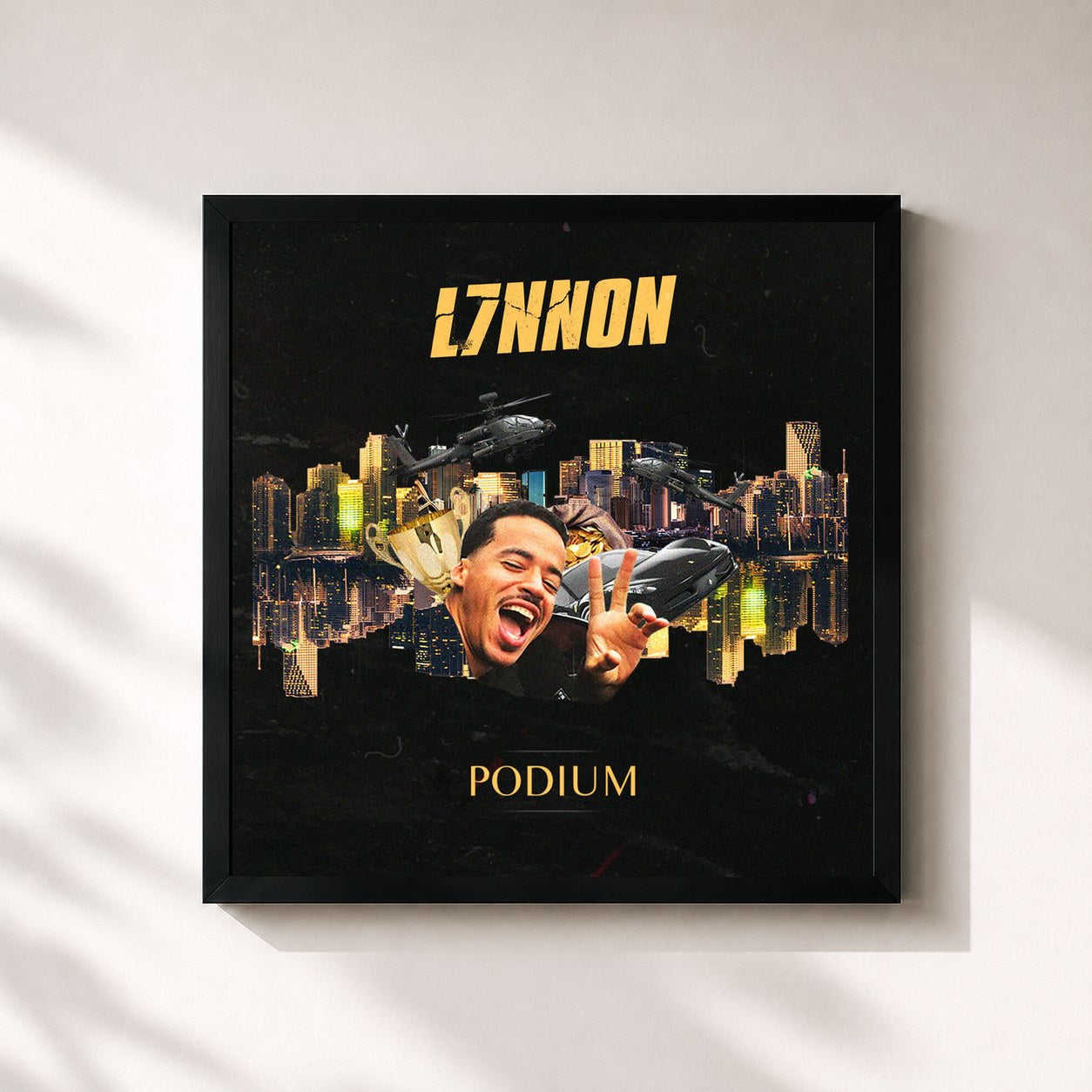 #noir Tableau carré de l'album Podium de L7NNON, cadre noir 32x32 cm