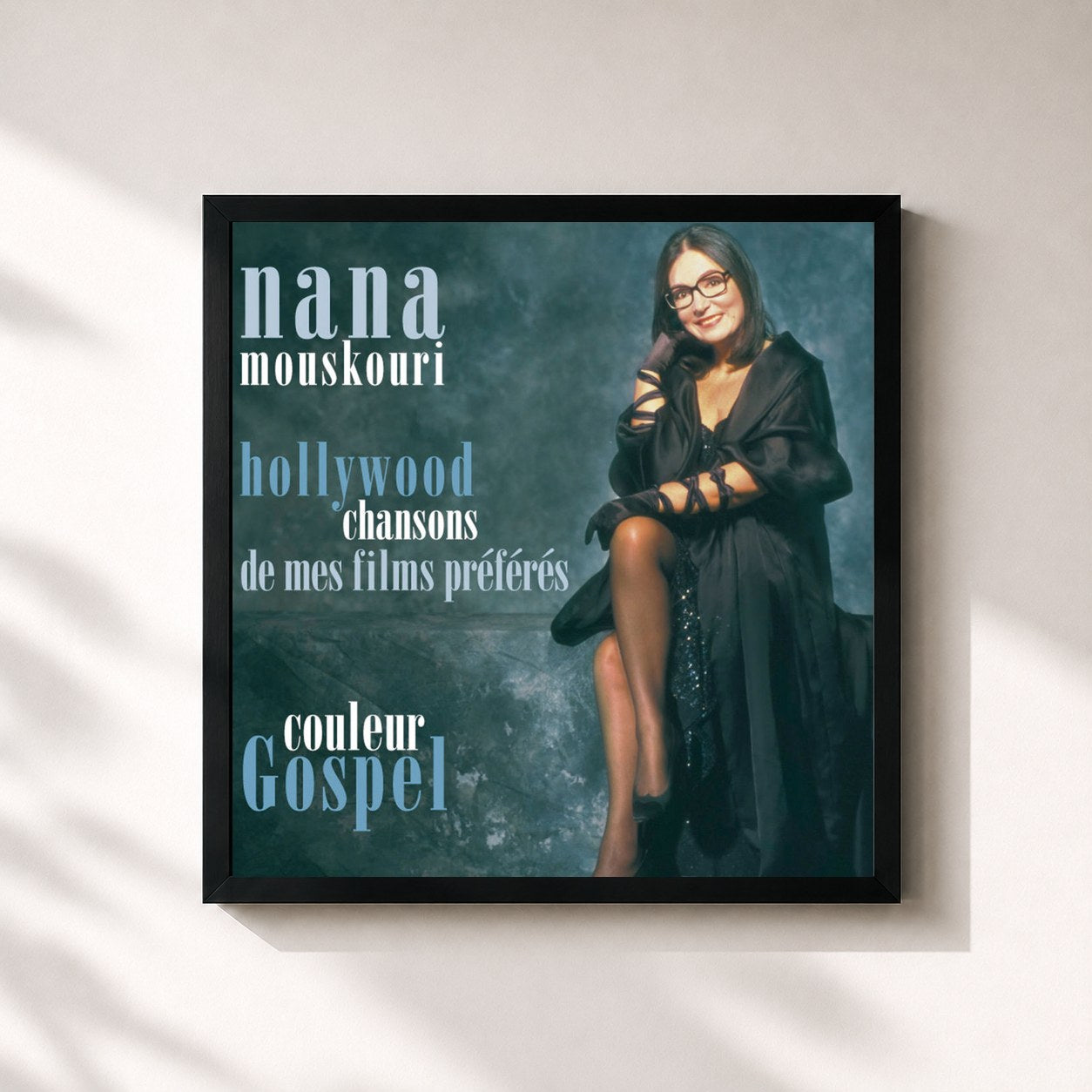 #noir Tableau carré de l'album Couleur Gospel / Hollywood de Nana Mouskouri, cadre noir 32x32 cm