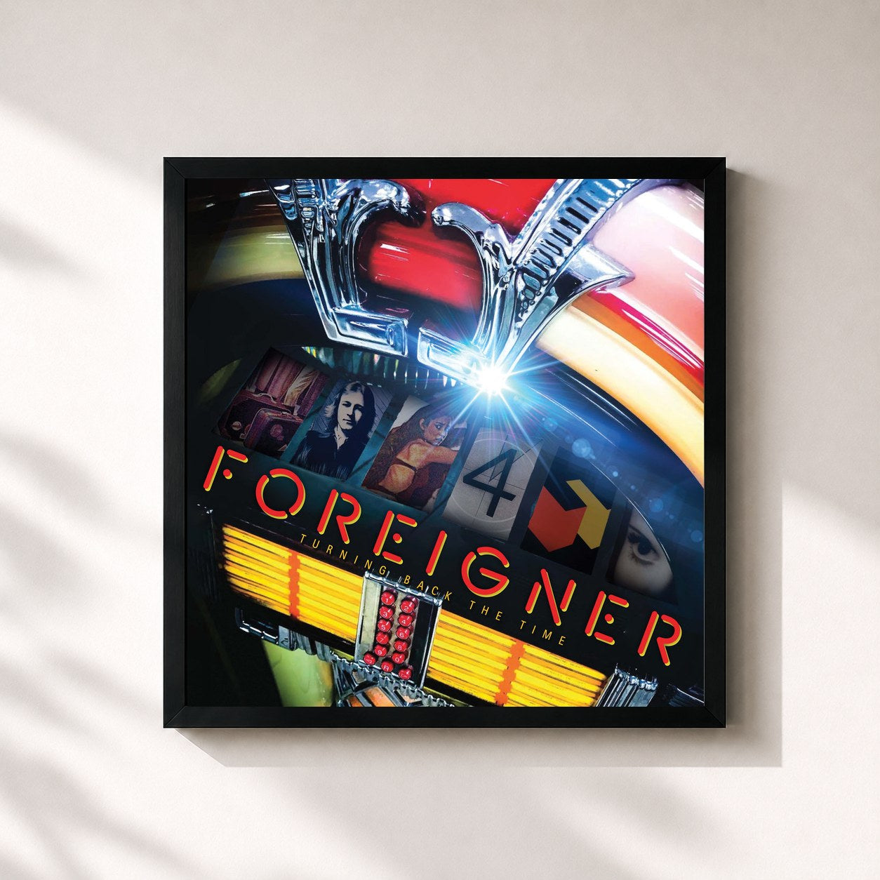 #noir Tableau carré de l'album Turning Back the Time de Foreigner, cadre noir 32x32 cm