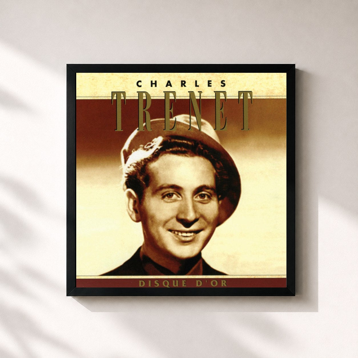 #noir Tableau carré de l'album Disque D'or de Charles Trenet, cadre noir 32x32 cm