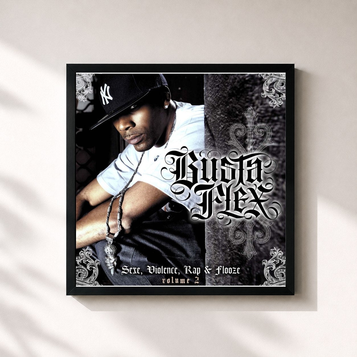 #noir Tableau carré de l'album Sexe Violence Rap et Flooze Vol2 de Busta Flex, cadre noir 32x32 cm