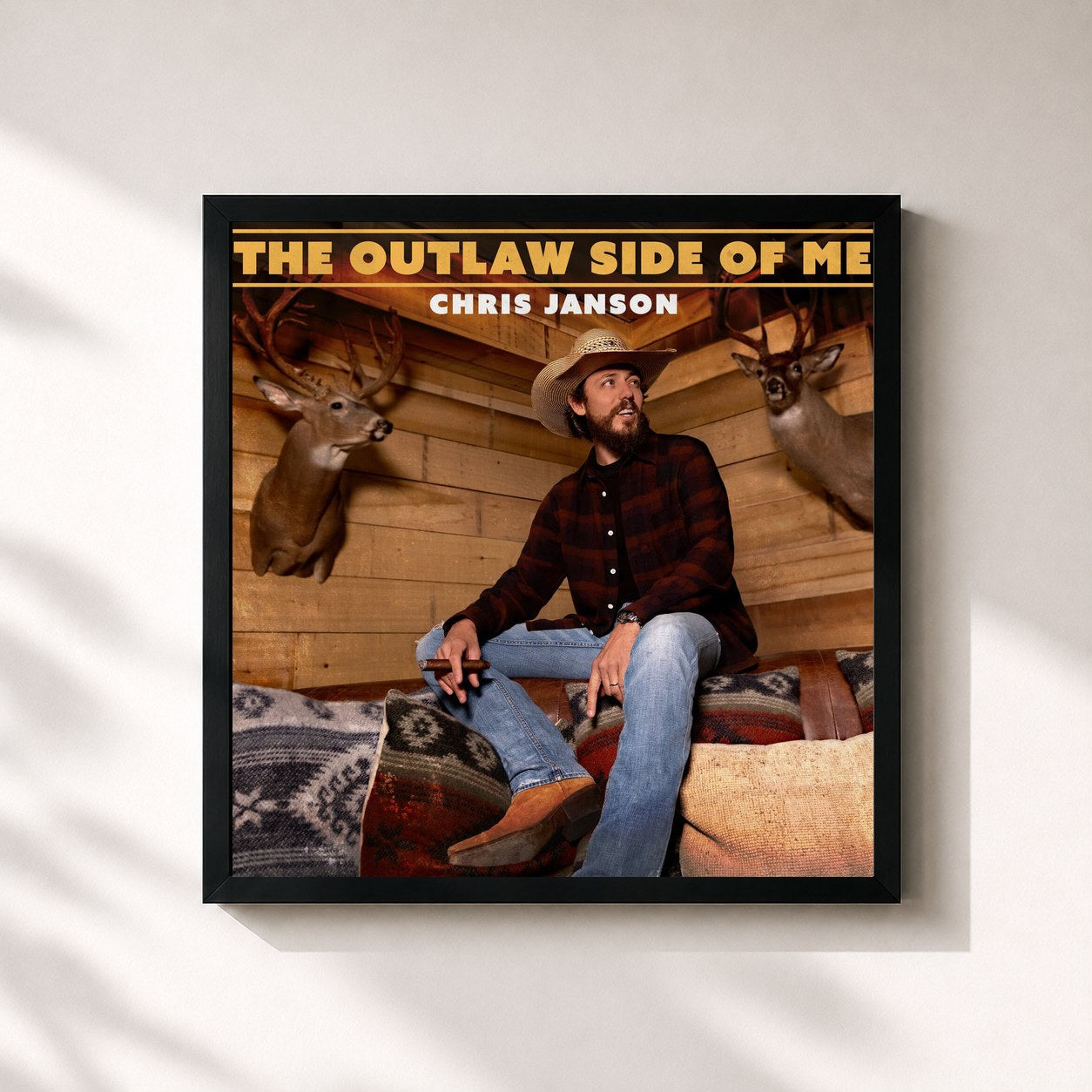 #noir Tableau carré de l'album The Outlaw Side Of Me de Chris Janson, cadre noir 32x32 cm
