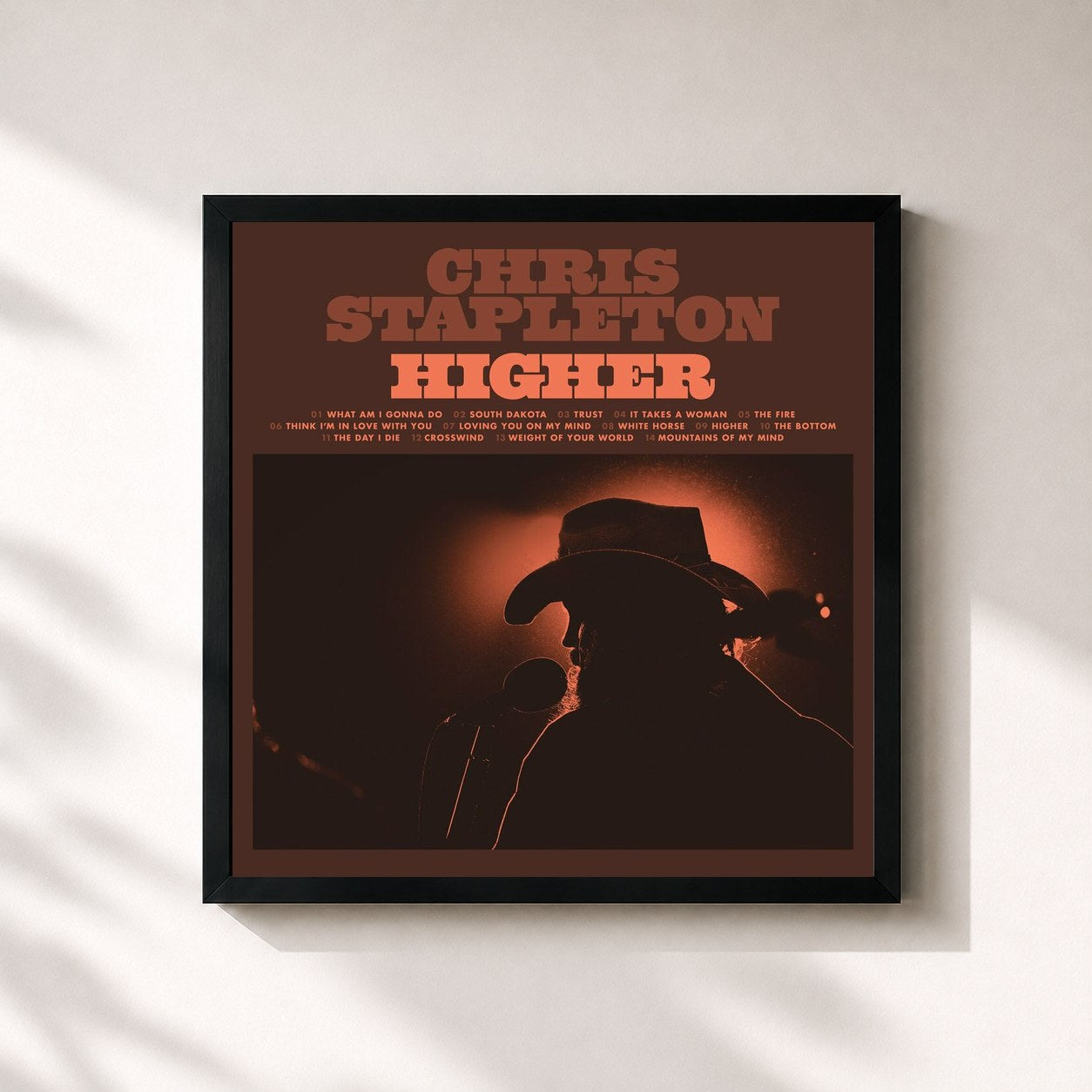 #noir Tableau carré de l'album Higher de Chris Stapleton, cadre noir 32x32 cm