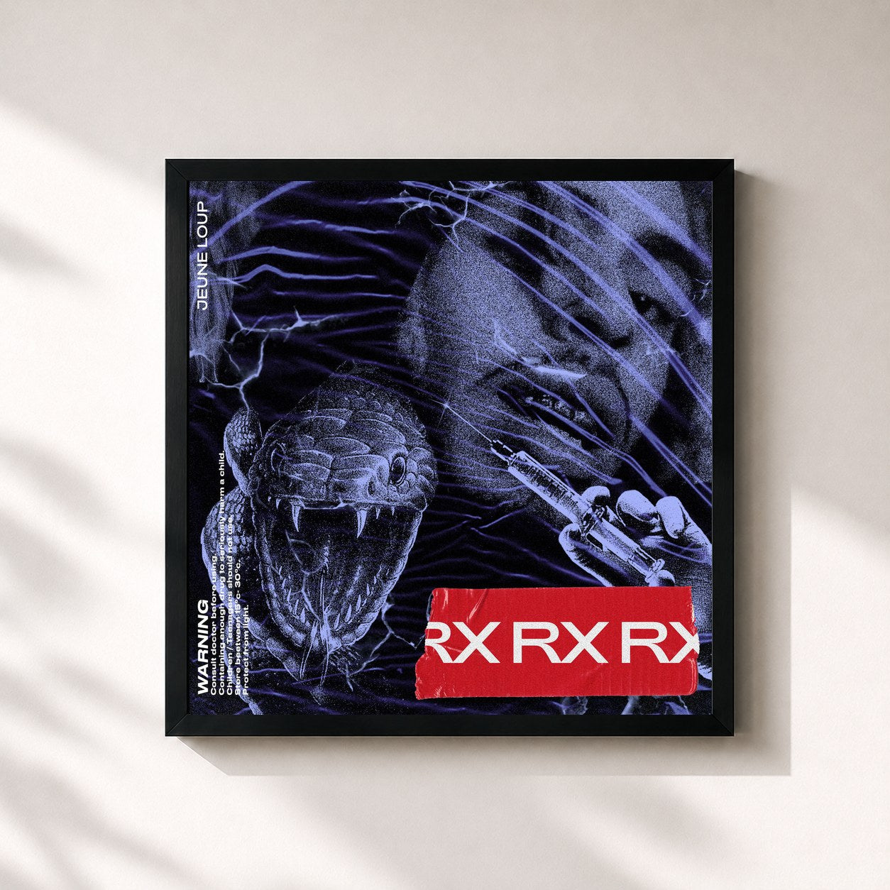 #noir Tableau carré de l'album RX de Jeune Loup, cadre noir 32x32 cm