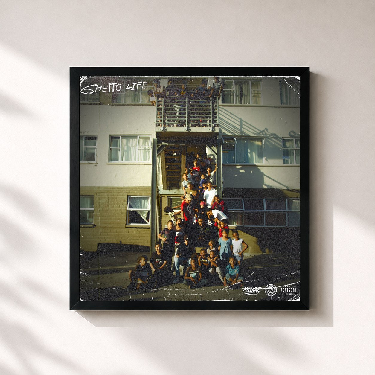 #noir Tableau carré de l'album Ghetto Life de M1llionz, cadre noir 32x32 cm