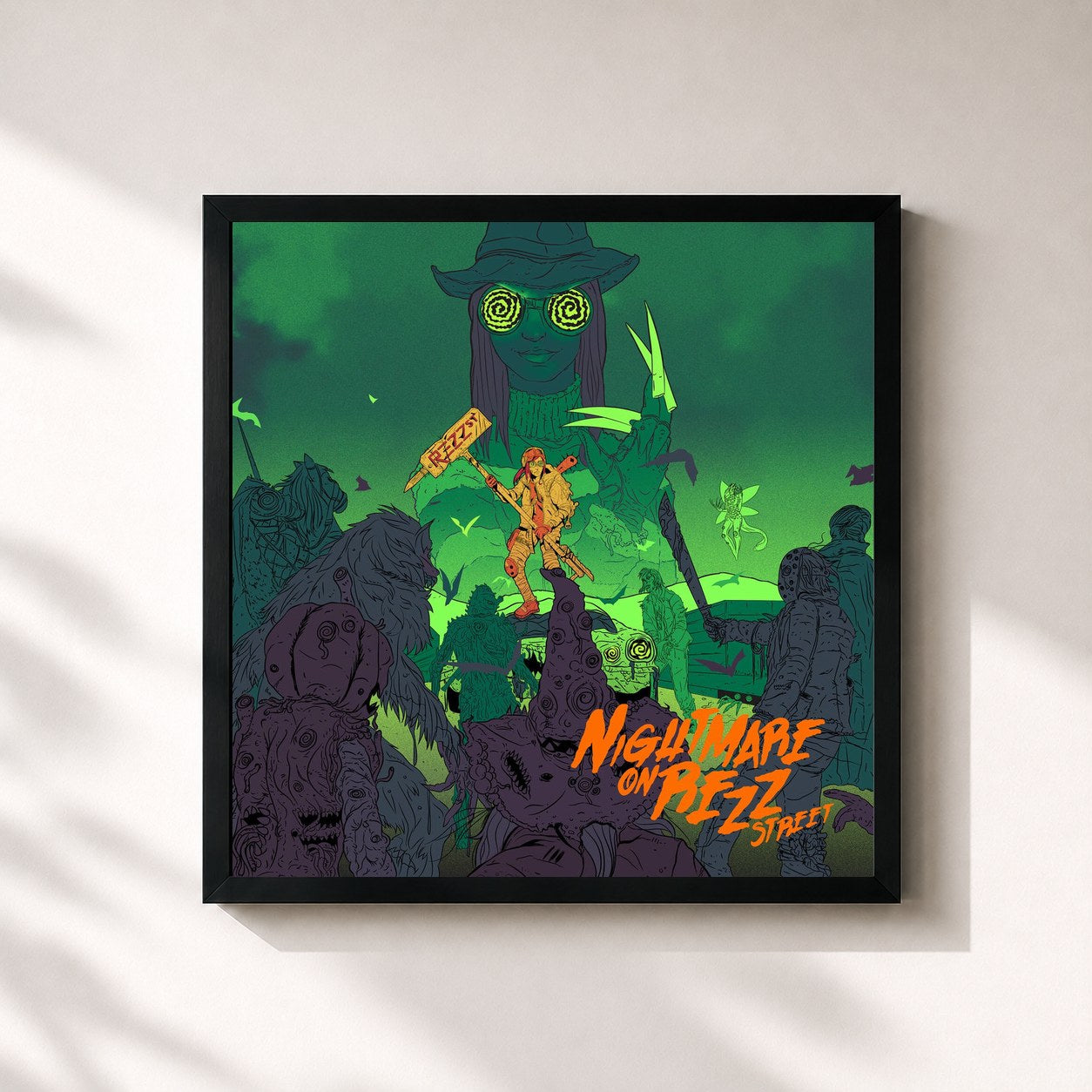 #noir Tableau carré de l'album Nightmare On Rezz Street de Rezz, cadre noir 32x32 cm