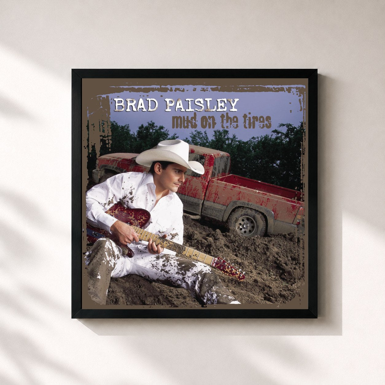 #noir Tableau carré de l'album Mud On The Tires de Brad Paisley, cadre noir 32x32 cm
