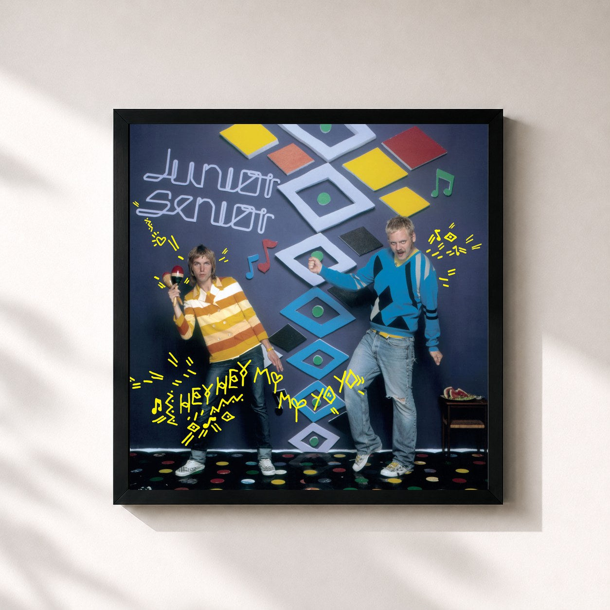#noir Tableau carré de l'album Hey Hey My My Yo Yo de Junior Senior, cadre noir 32x32 cm