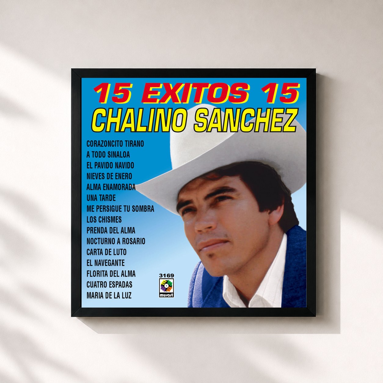 #noir Tableau carré de l'album 15 Éxitos de Chalino Sanchez, cadre noir 32x32 cm