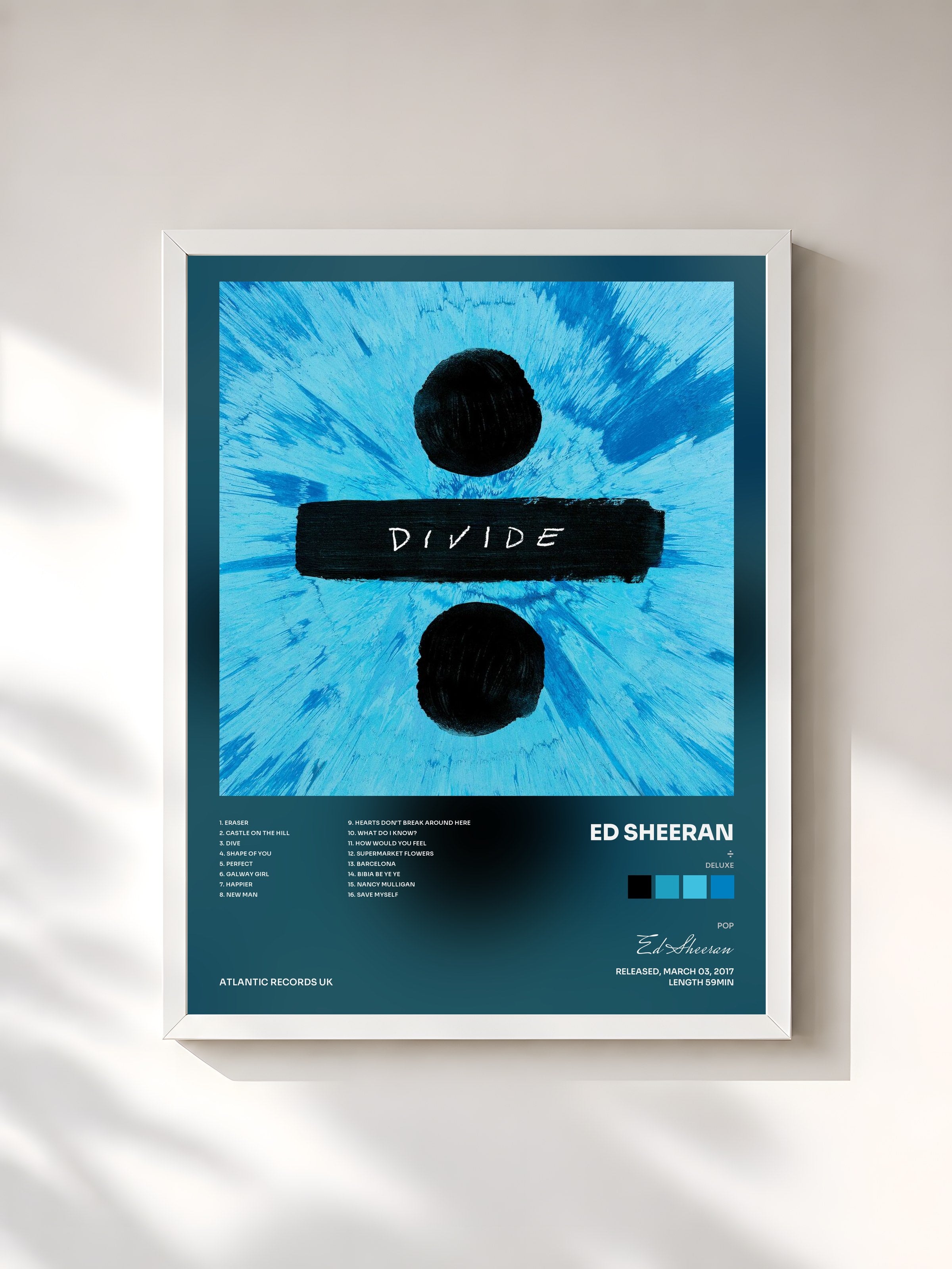 #blanc Tableau de l'album ÷ (Deluxe) de Ed Sheeran, cadre blanc, imprimé et encadré en France