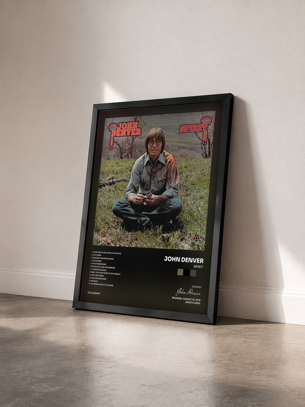#noir Tableau de l'album Spirit de John Denver vu de trois quarts, cadre noir