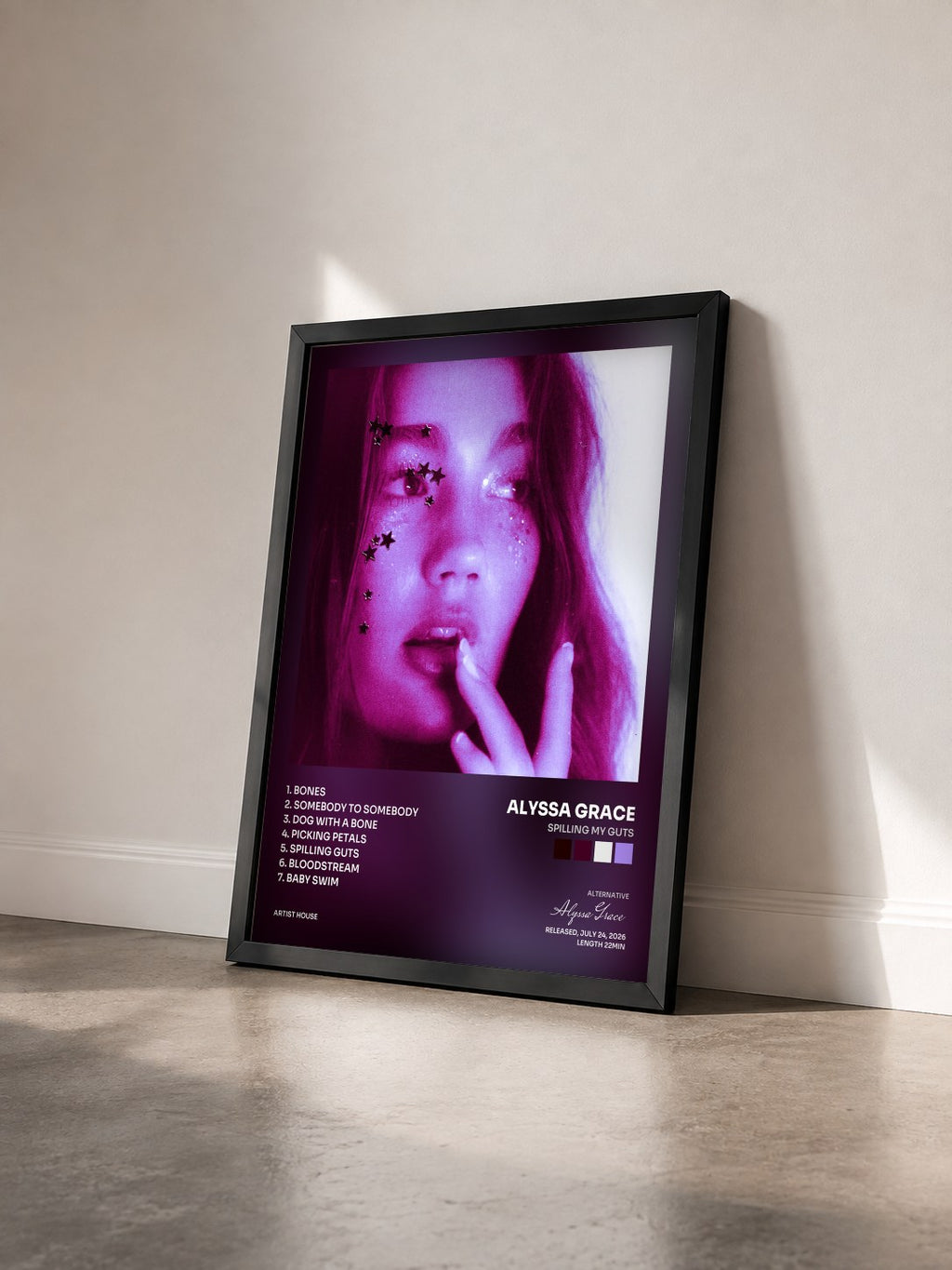 #noir Tableau de l'album spilling my guts de Alyssa Grace vu de trois quarts, cadre noir