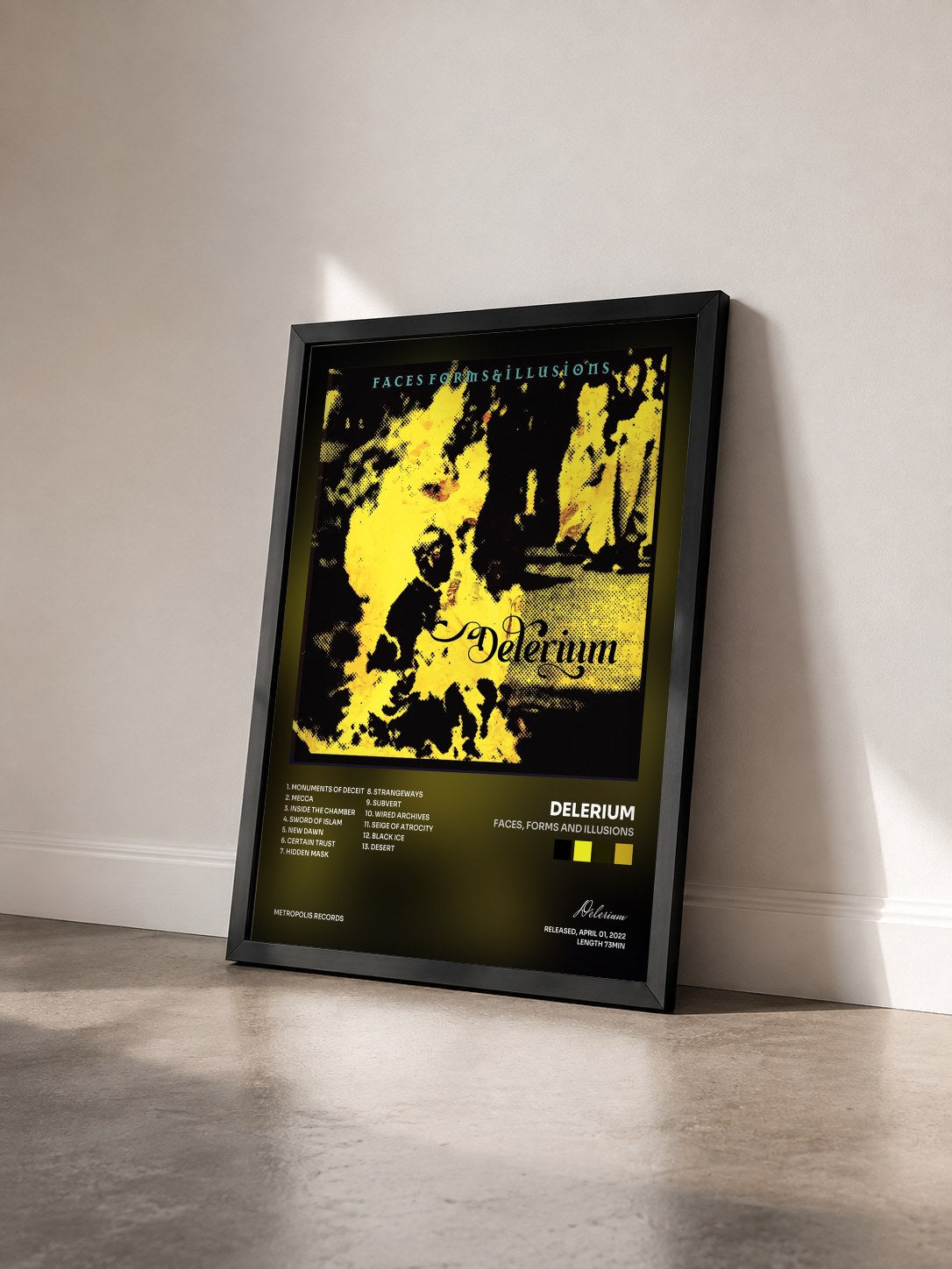 #noir Tableau de l'album Faces, Forms and Illusions de Delerium vu de trois quarts, cadre noir