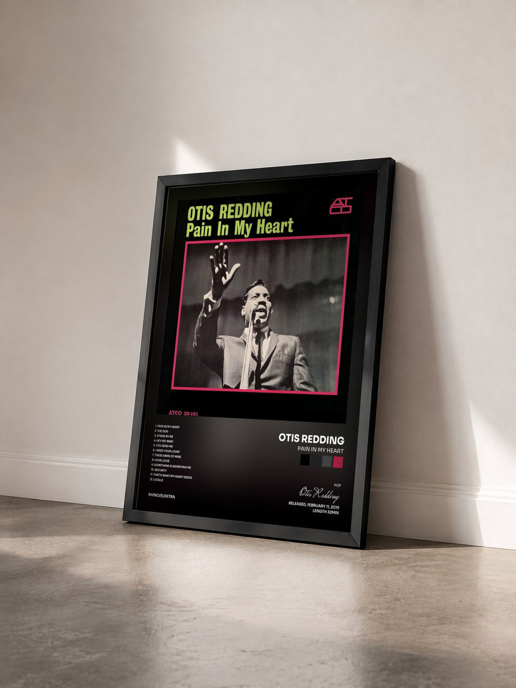 #noir Pain in My Heart di Otis Redding in stampa incorniciata vista di tre quarti, cornice nera