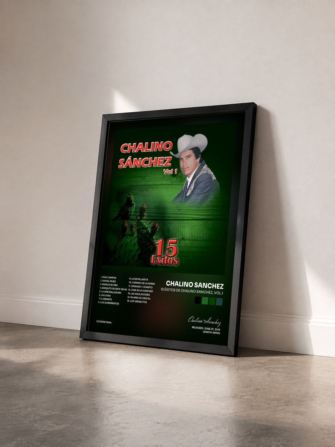 #noir Tableau de l'album 15 Éxitos de Chalino Sanchez, Vol.1 de Chalino Sanchez vu de trois quarts, cadre noir