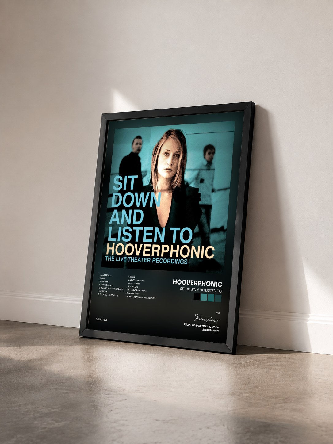 #noir Tableau de l'album Sit Down And Listen To de Hooverphonic vu de trois quarts, cadre noir