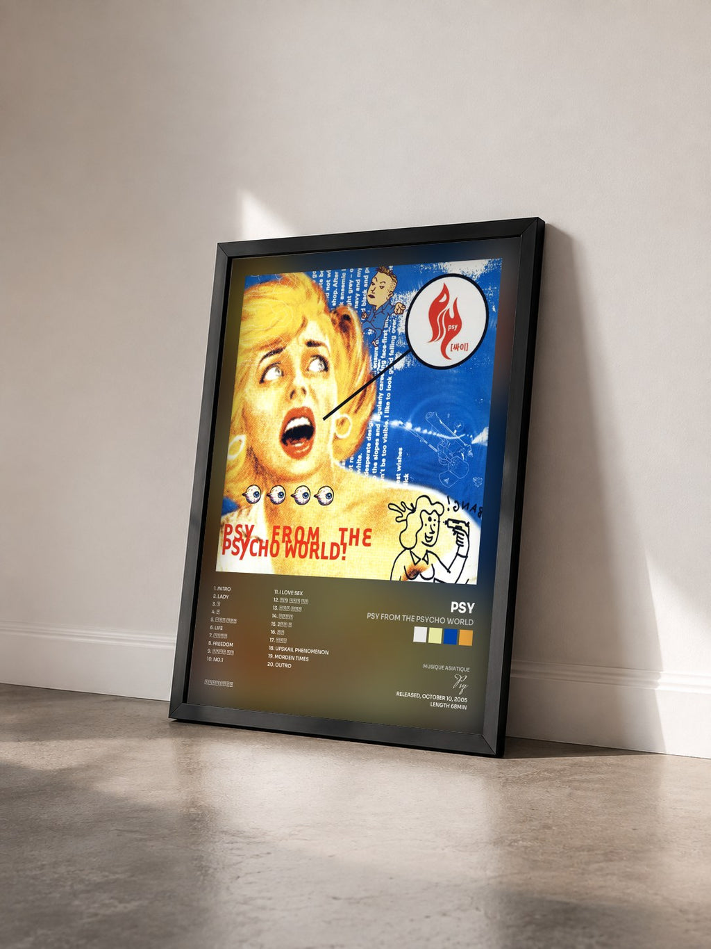 #noir Tableau de l'album Psy From The Psycho World de Psy vu de trois quarts, cadre noir