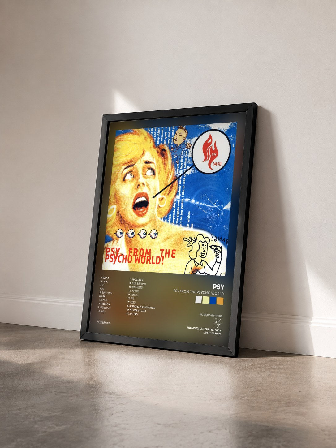 #noir Tableau de l'album Psy From The Psycho World de Psy vu de trois quarts, cadre noir