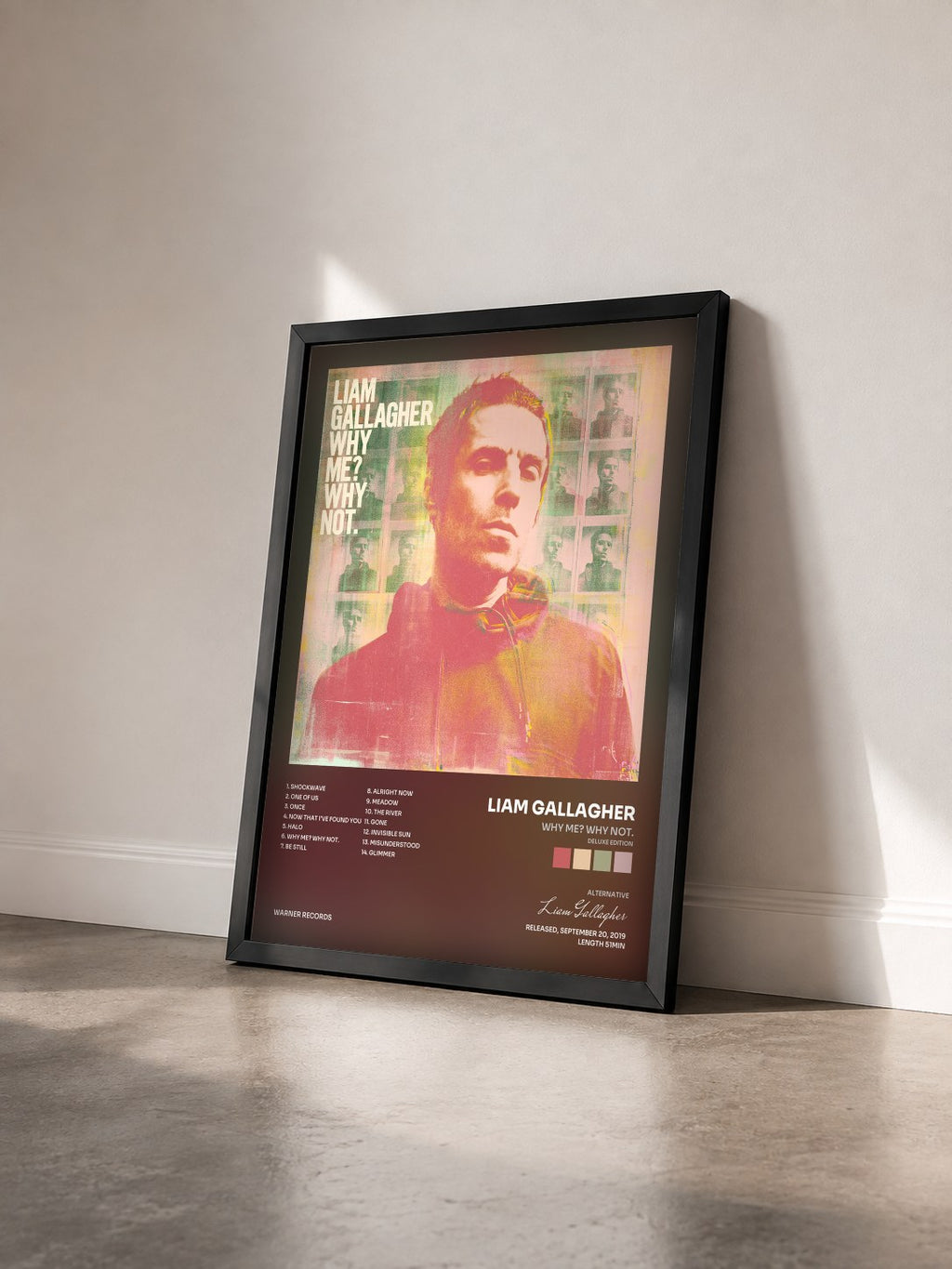 #noir Tableau de l'album Why Me? Why Not. (Deluxe Edition) de Liam Gallagher vu de trois quarts, cadre noir
