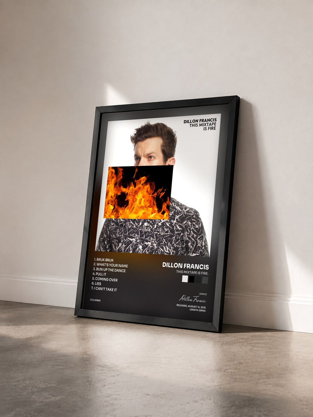 #noir Tableau de l'album This Mixtape is Fire. de Dillon Francis vu de trois quarts, cadre noir