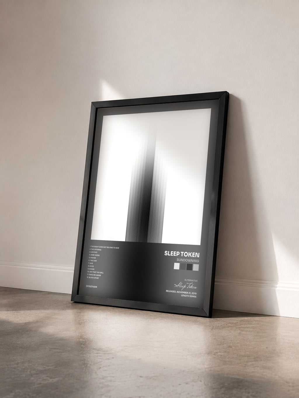 #noir Tableau de l'album Sundowning de Sleep Token vu de trois quarts, cadre noir