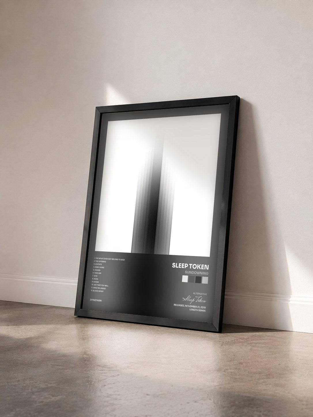 #noir Tableau de l'album Sundowning de Sleep Token vu de trois quarts, cadre noir
