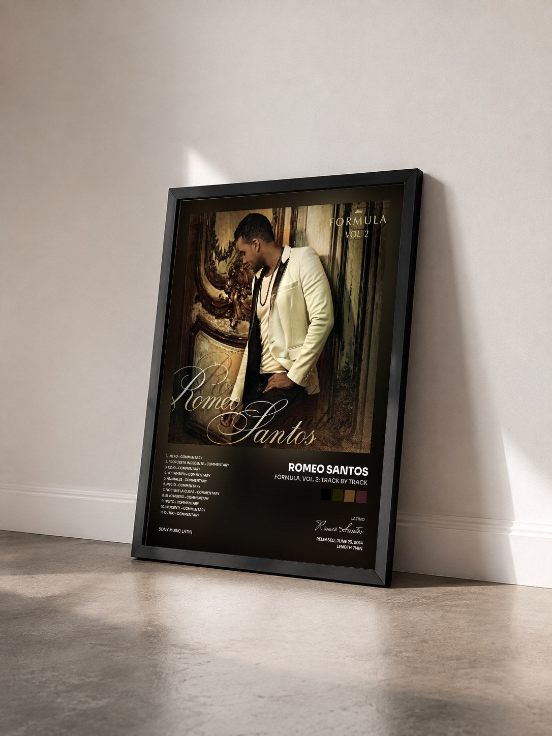 #noir Tableau de l'album Fórmula, Vol. 2: Track by Track de Romeo Santos vu de trois quarts, cadre noir