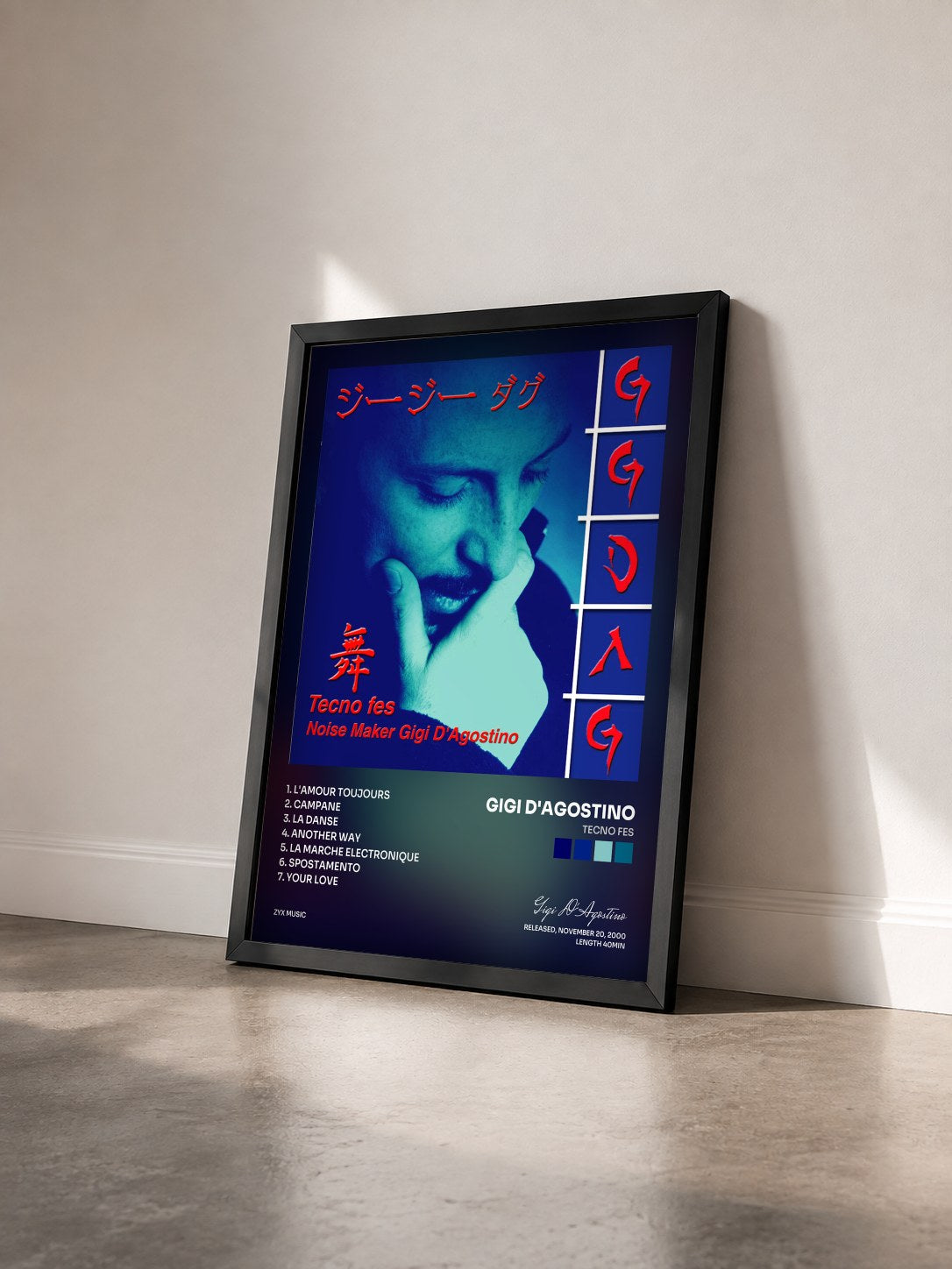 #noir Tableau de l'album Tecno Fes de Gigi D'Agostino vu de trois quarts, cadre noir