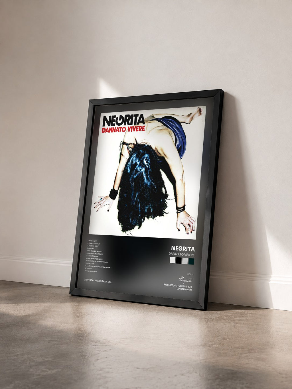 #noir Tableau de l'album Dannato Vivere de Negrita vu de trois quarts, cadre noir