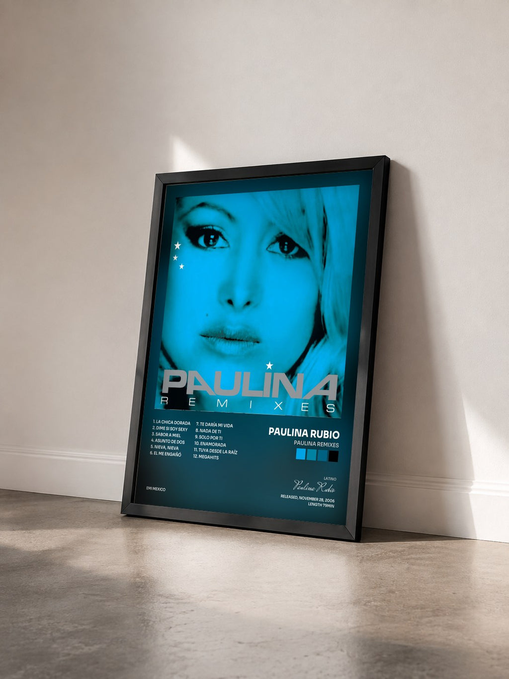 #noir Tableau de l'album Paulina Remixes de Paulina Rubio vu de trois quarts, cadre noir