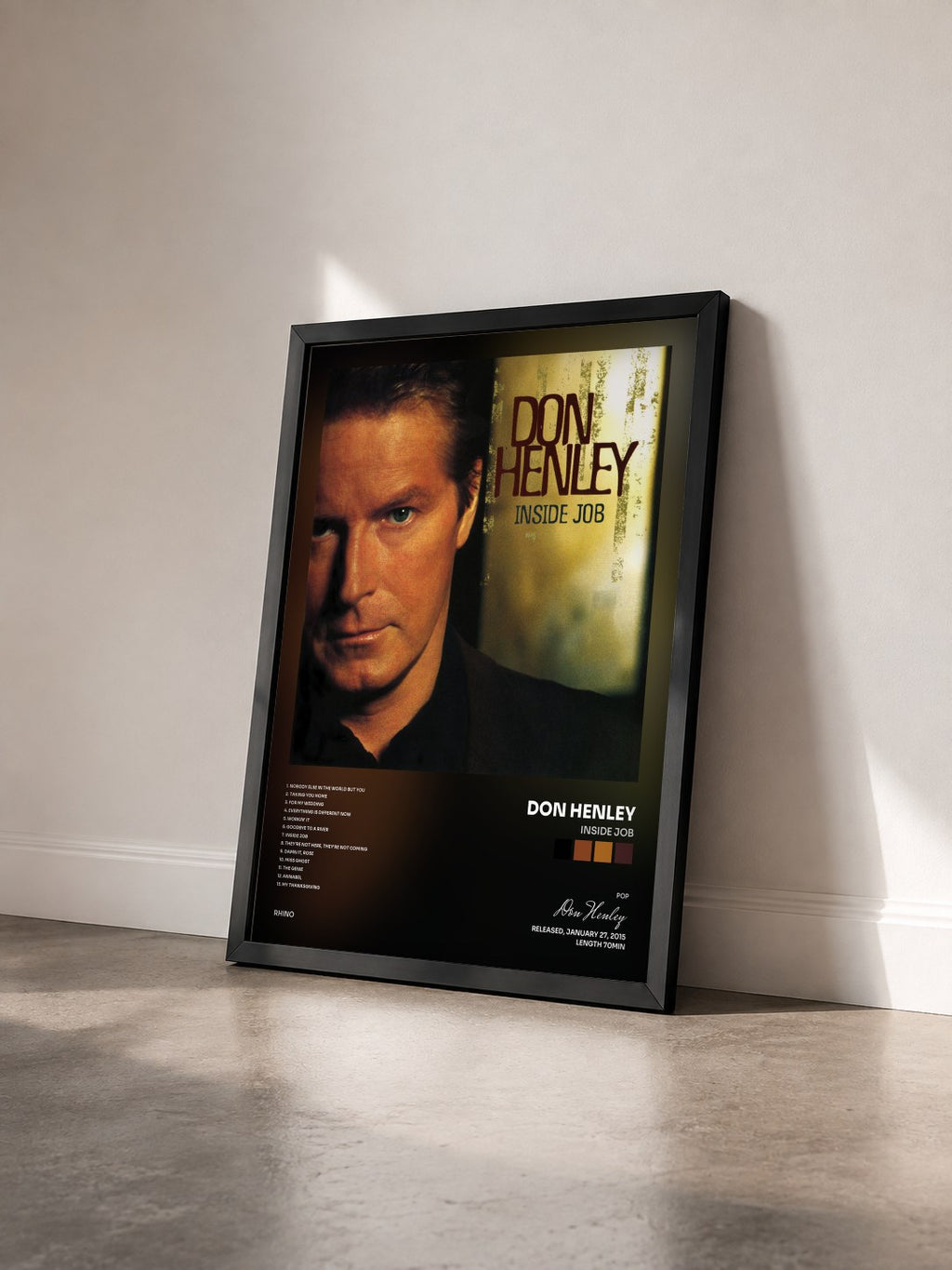 #noir Tableau de l'album Inside Job de Don Henley vu de trois quarts, cadre noir
