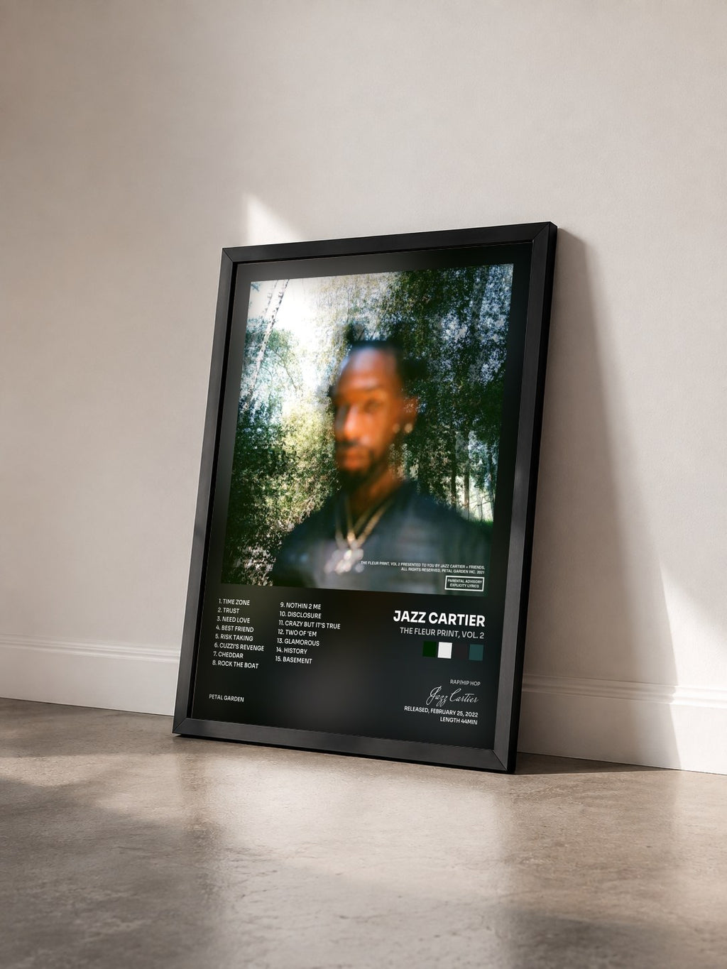 #noir Tableau de l'album The Fleur Print, Vol. 2 de Jazz Cartier vu de trois quarts, cadre noir