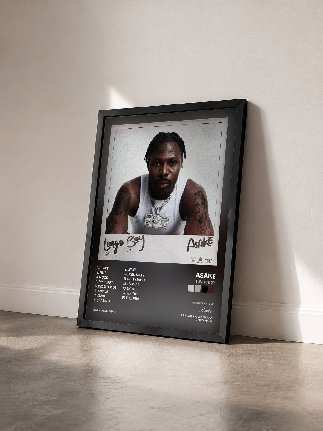 #noir Tableau de l'album Lungu Boy de Asake vu de trois quarts, cadre noir