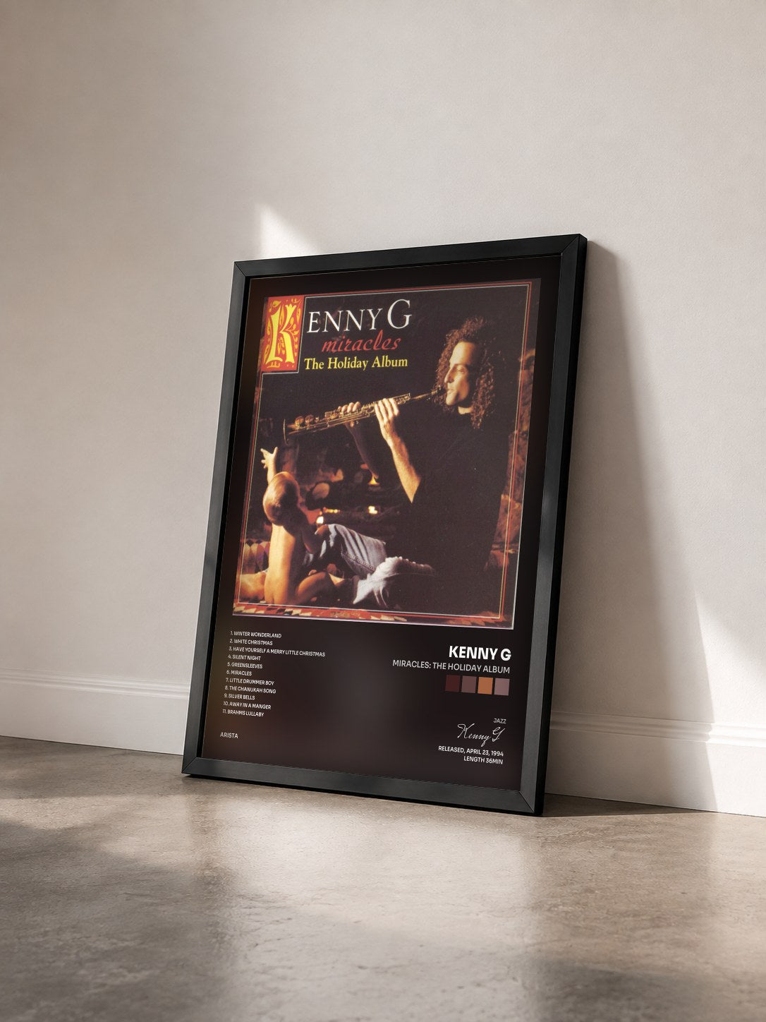 #noir Tableau de l'album Miracles: The Holiday Album de Kenny G vu de trois quarts, cadre noir