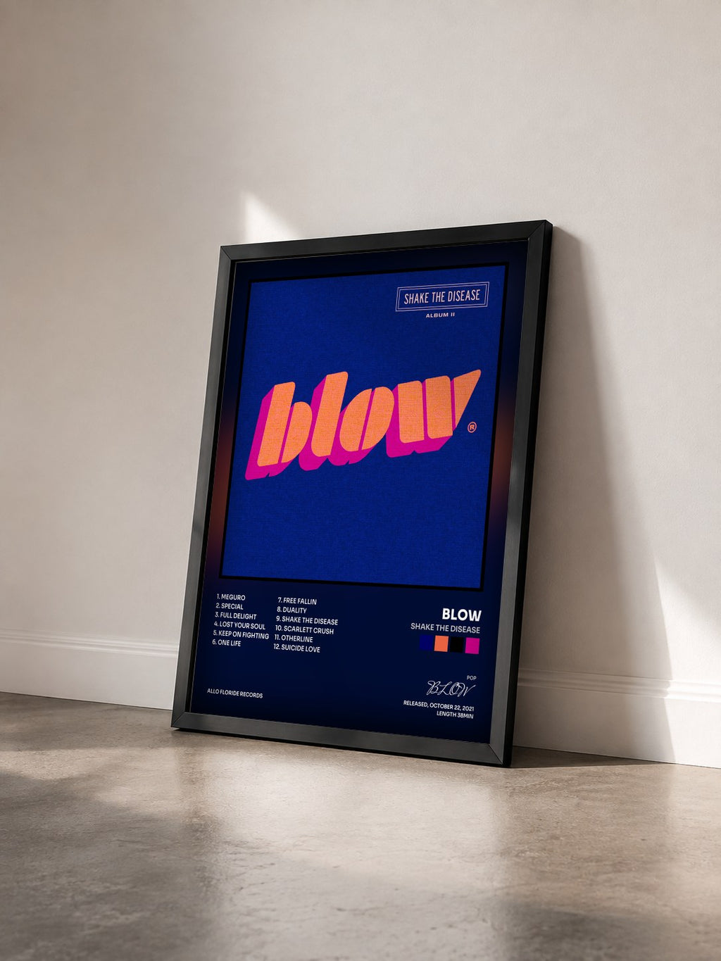 #noir Tableau de l'album Shake the Disease de BLOW vu de trois quarts, cadre noir