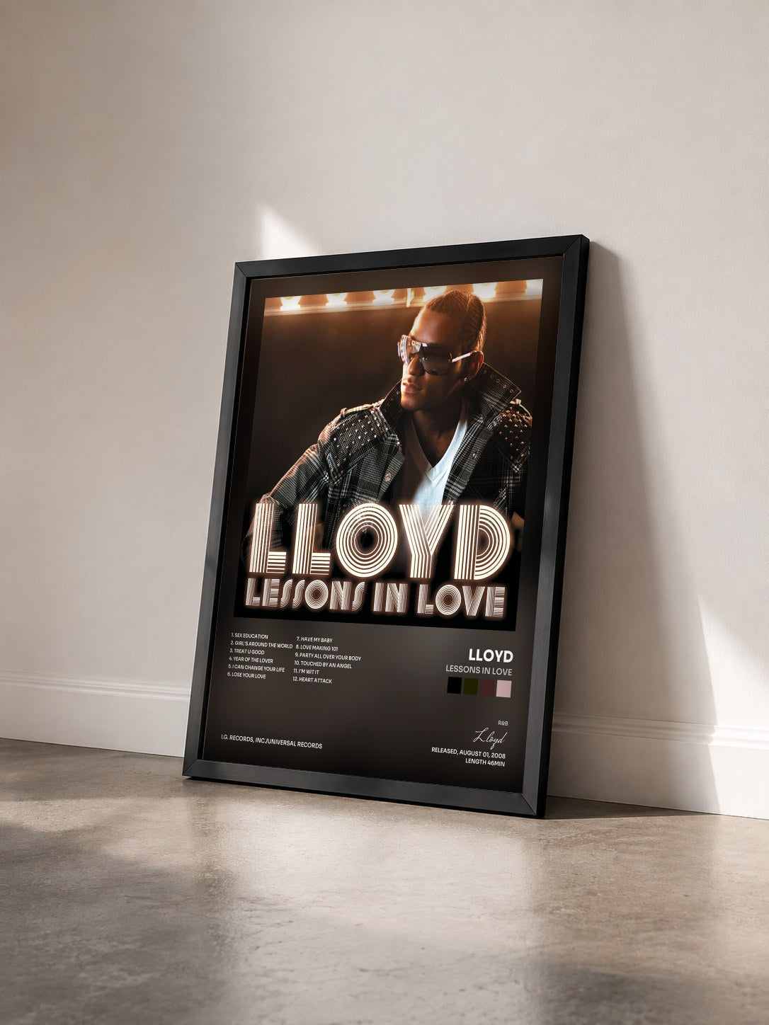 #noir Tableau de l'album Lessons In Love de Lloyd vu de trois quarts, cadre noir