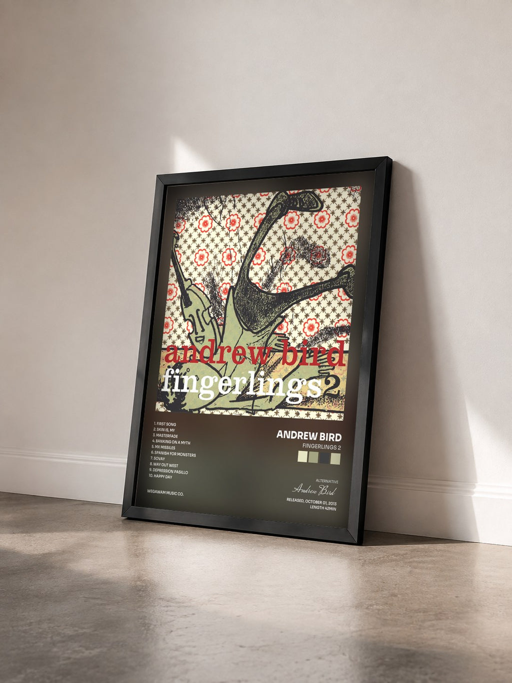 #noir Tableau de l'album Fingerlings 2 de Andrew Bird vu de trois quarts, cadre noir