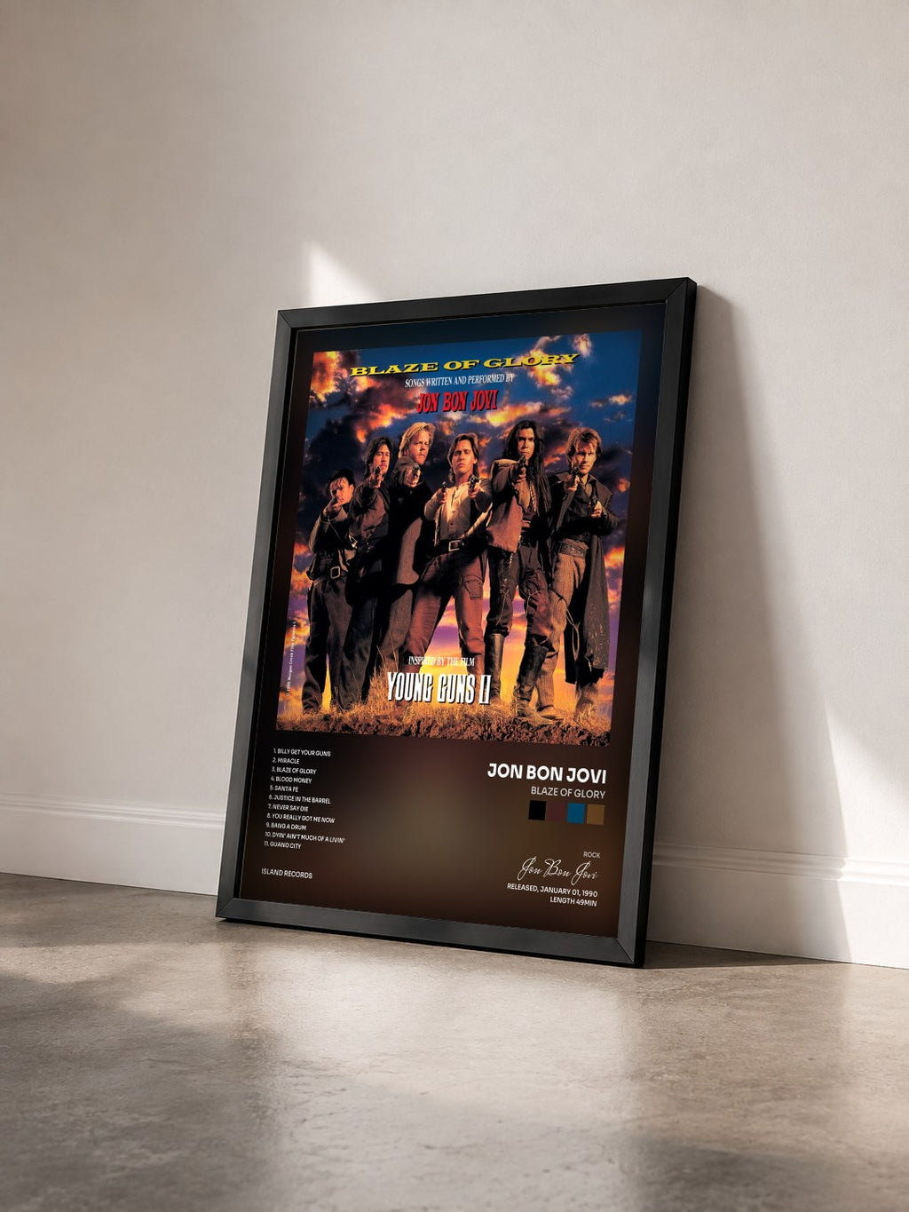 #noir Tableau de l'album Blaze Of Glory de Jon Bon Jovi vu de trois quarts, cadre noir