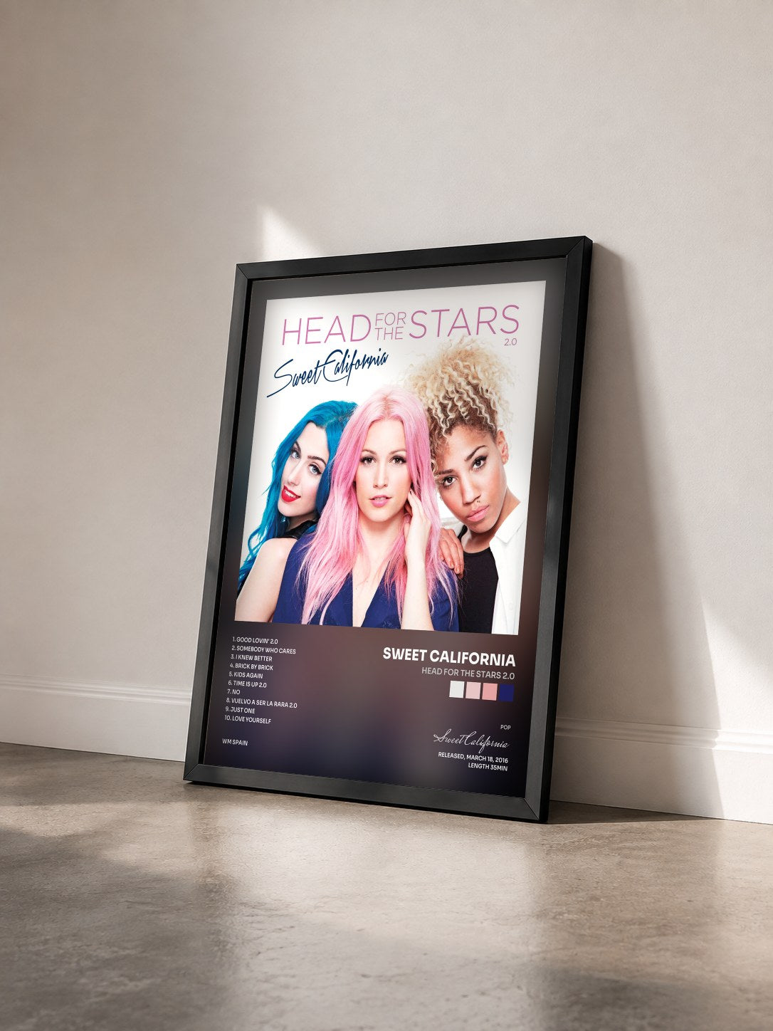#noir Tableau de l'album Head for the Stars 2.0 de Sweet California vu de trois quarts, cadre noir