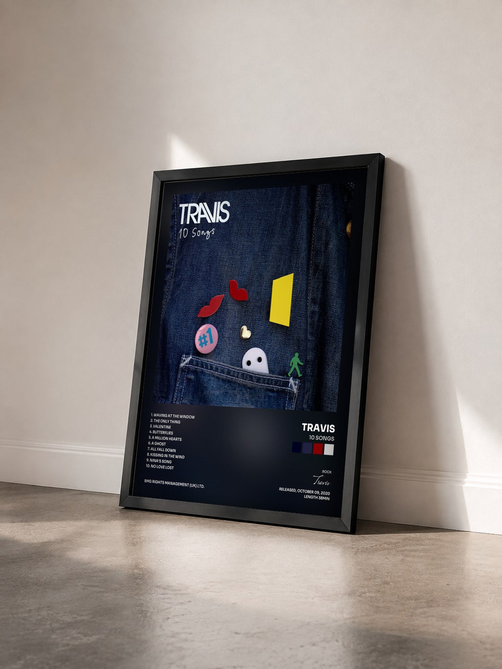 #noir Tableau de l'album 10 Songs de Travis vu de trois quarts, cadre noir