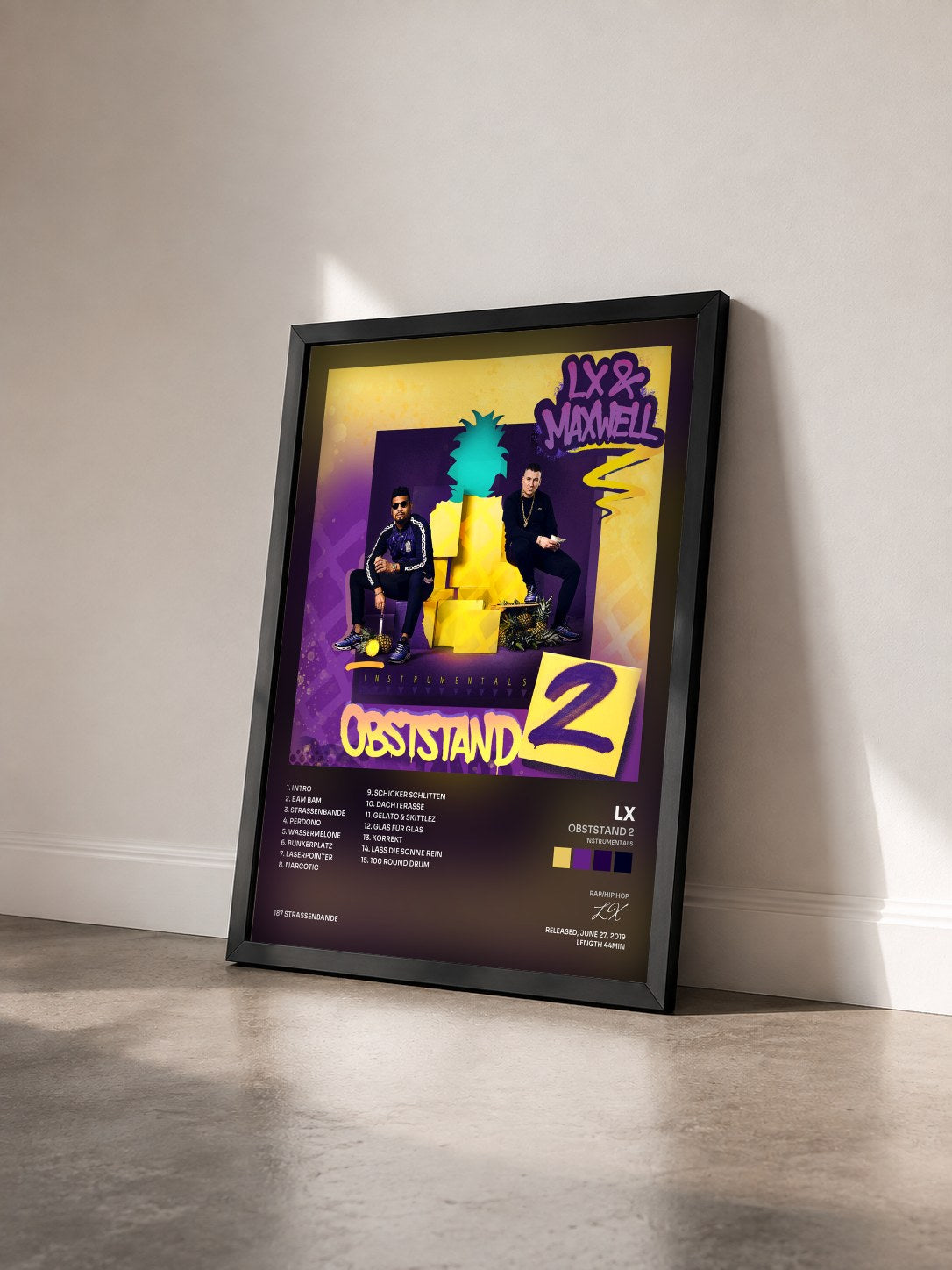 #noir Tableau de l'album Obststand 2 (Instrumentals) de LX vu de trois quarts, cadre noir