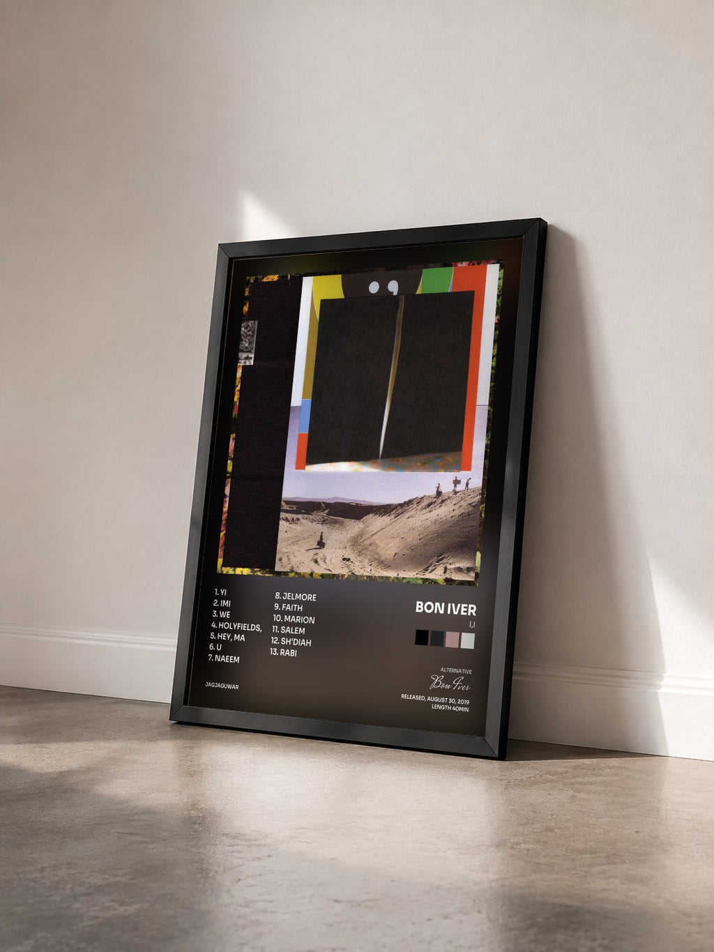 #noir Tableau de l'album i,i de Bon Iver vu de trois quarts, cadre noir