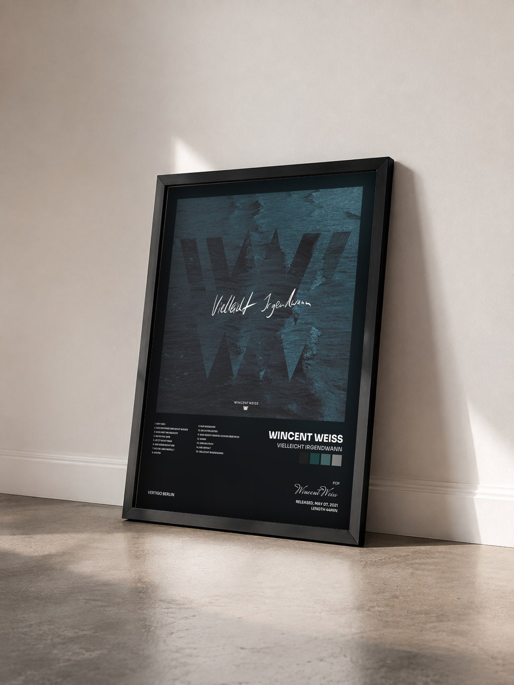 #noir Tableau de l'album Vielleicht Irgendwann de Wincent Weiss vu de trois quarts, cadre noir