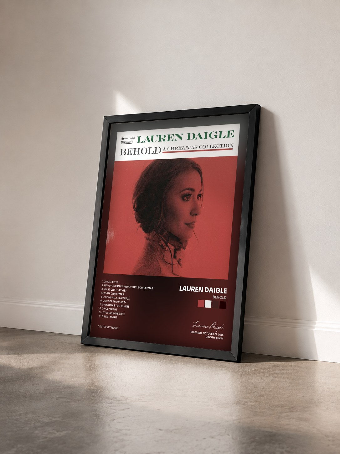 #noir Tableau de l'album Behold de Lauren Daigle vu de trois quarts, cadre noir
