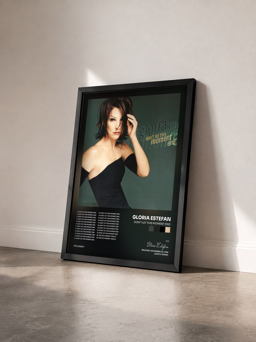 #noir Tableau de l'album Don't Let This Moment End de Gloria Estefan vu de trois quarts, cadre noir