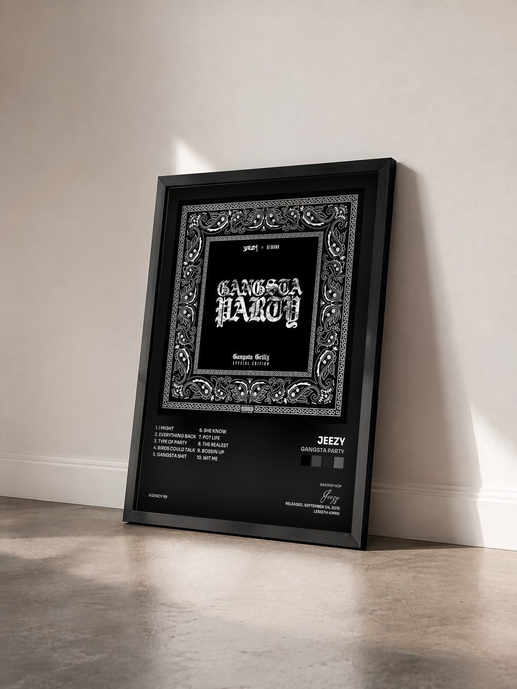 #noir Tableau de l'album Gangsta Party de Jeezy vu de trois quarts, cadre noir